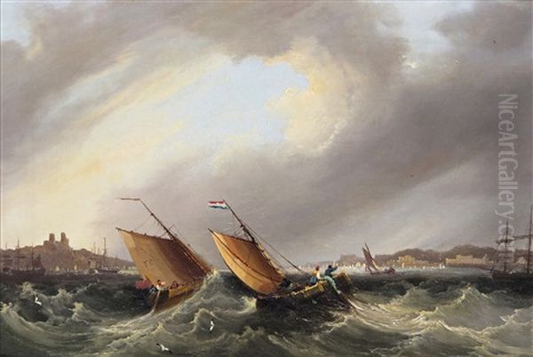 Fishing Boats In A Rough Sea Oil Painting by Frederick Calvert