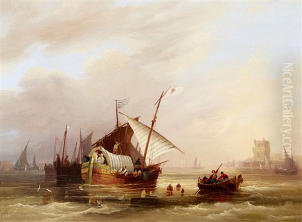 Portugese Fisherman Off Belem Tower Oil Painting by Frederick Calvert