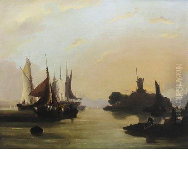 Ships In A Harbor Oil Painting by Frederick Calvert