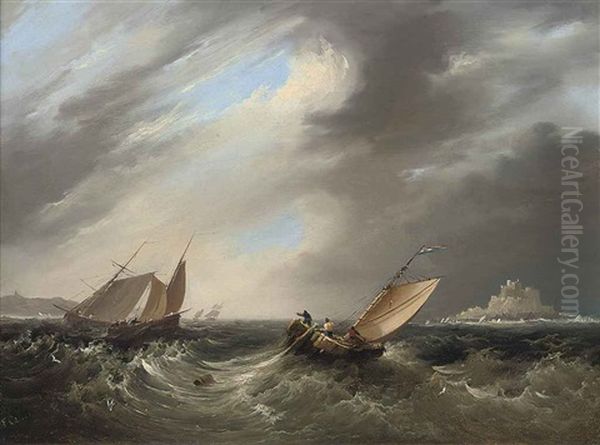 Fishing Luggers In A Heavy Swell Off St. Michael's Mount, Cornwall Oil Painting by Frederick Calvert