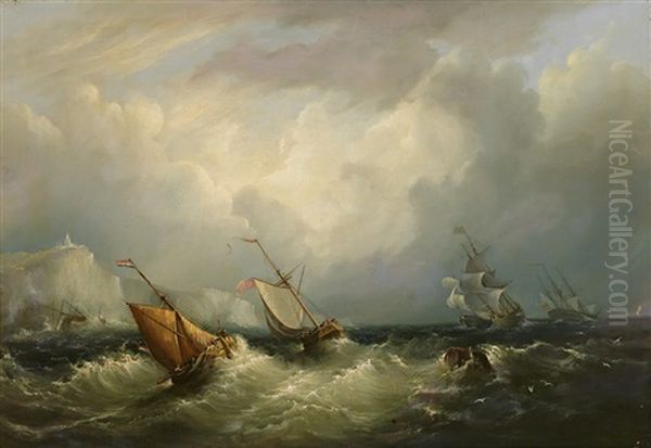 Britische Und Hollandische Schiffe In Sturmischer See Vor Steilkuste Oil Painting by Frederick Calvert