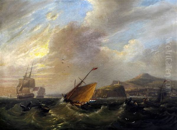 Shipping Off A Harbour Entrance Oil Painting by Frederick Calvert