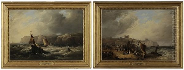 Squall Off The Coast Of Dover (+ Fisher Folk On Shore, Dover; 2 Works) Oil Painting by Frederick Calvert