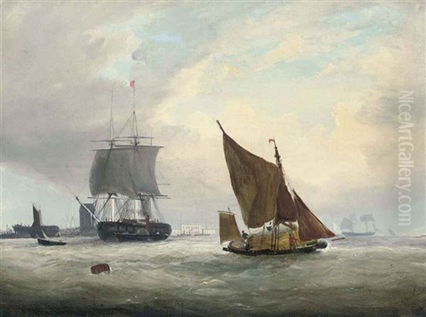 A Hay Barge And Other Shipping On The Medway (+ Hauling In The Nets; Pair) Oil Painting by Frederick Calvert