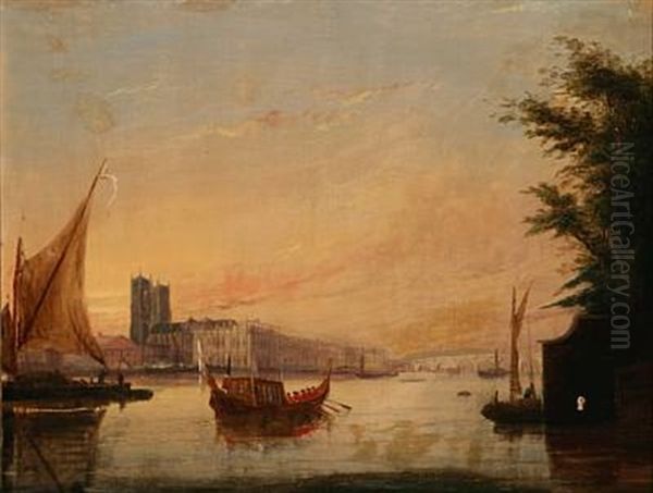 View Of The Thames Looking Across To Westminster Oil Painting by Frederick Calvert