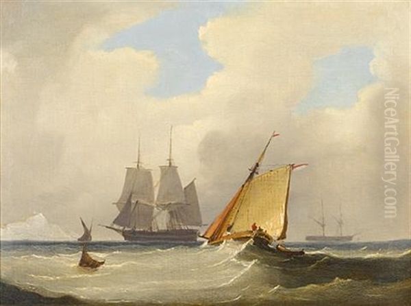 A Brig Hove-to Off St. Catherine's Point, Isle Of Wight, With A Cutter Caught In A Swell Nearby Oil Painting by Frederick Calvert