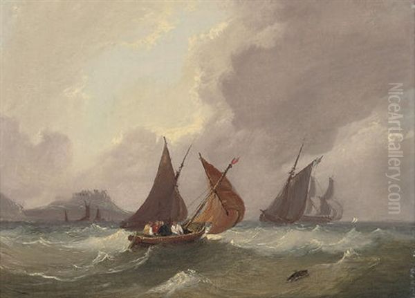 Fishing Boats And Other Shipping Below A Fortified Promontory (+ Shipping In A Squall In The Channel; Pair) Oil Painting by Frederick Calvert