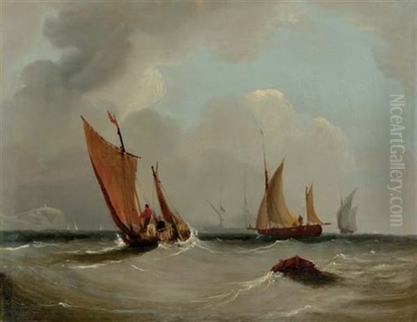 Fishing Boats Off A Coast Oil Painting by Frederick Calvert