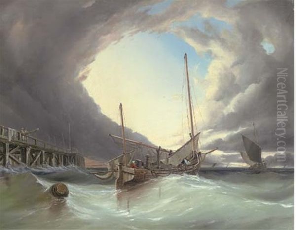 Fishing Boats Off Ramsgate In The Eye Of A Storm Oil Painting by Frederick Calvert