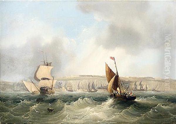 Fishing Boats Off The Coast (+ A Dutch Fishing Vessel Off The Coast; Pair) Oil Painting by Frederick Calvert