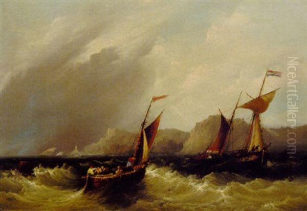 Small Craft Off A Rocky Coastline Oil Painting by Frederick Calvert