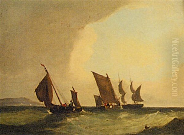 Fishing Boats Off A Coastline Oil Painting by Frederick Calvert