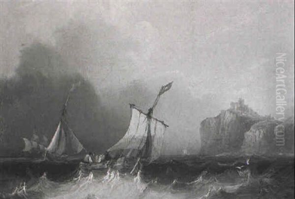 Vessels In A Stiff Breeze Off St. Michael's Mount, Cornwall Oil Painting by Frederick Calvert