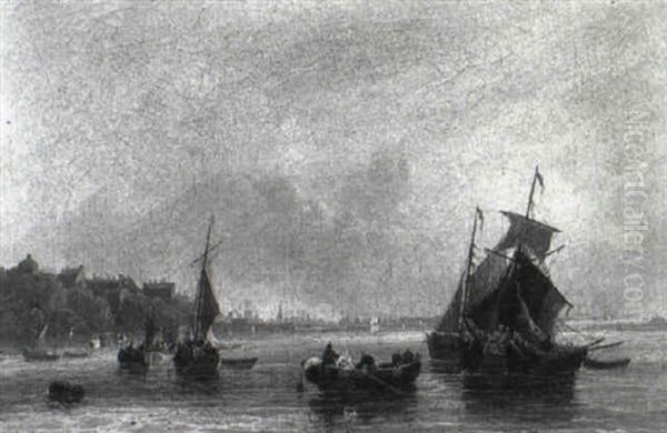 Coastal Craft At Dusk, A Busy Coastline Beyond Oil Painting by Frederick Calvert