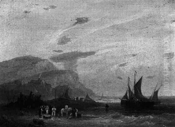 Figures On The Coast With Fishermem Unloading Their         Catch Oil Painting by Frederick Calvert