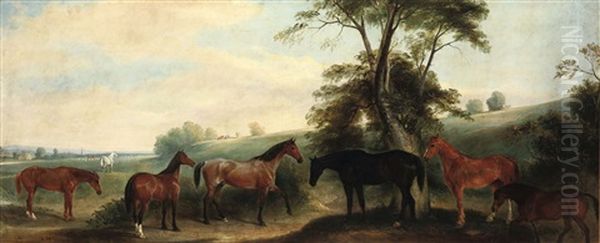 Horses In A Landscape Oil Painting by Henry Calvert