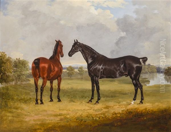 Horses In A Landscape Oil Painting by Henry Calvert