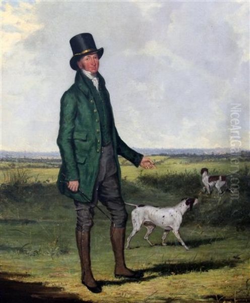 Portrait Of Mr Mansell Standing In A Landscape With Two Pointers Oil Painting by Henry Calvert