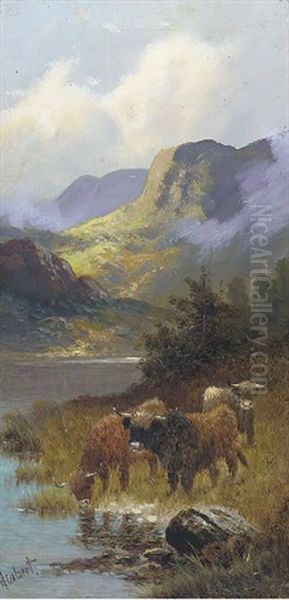 Highland Cattle Watering (+ Highland Cattle At The Waters Edge; Pair) Oil Painting by Henry Calvert