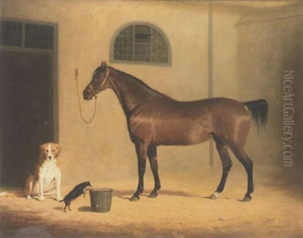 Portrait Of A Bay Hunter And Two Dogs, In A Stableyard Oil Painting by Henry Calvert