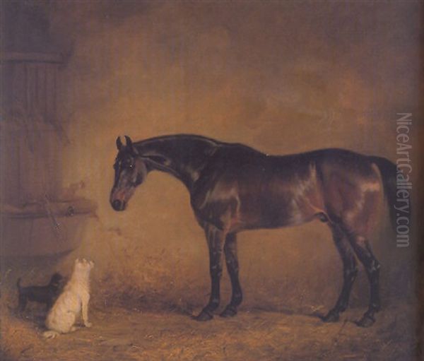 A Bay Hunter With Short Haired And Long Haired Terriers In A Loose Box Oil Painting by Henry Calvert