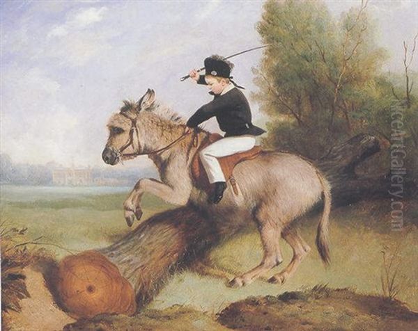 Portrait Of Thomas Walker Stubbs, As A Boy On A Donkey Jumping A Log Before A Country House Oil Painting by Henry Calvert