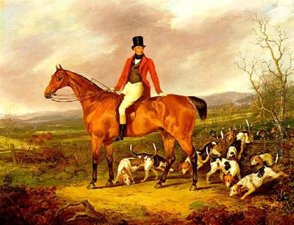 A Gentleman On A Bay Hunter With Hounds Oil Painting by Henry Calvert