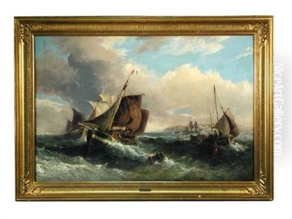 Fishing Boats In Rough Seas Oil Painting by Samuel W. Calvert