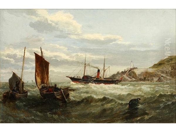 Steam Boat And Other Shipping Off A Rocky Coast; And Companion Oil Painting by Samuel W. Calvert