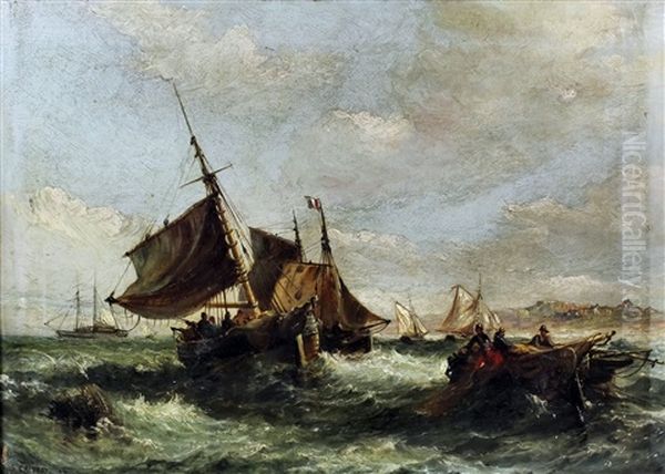 Fishing Boats At Sea Oil Painting by Samuel W. Calvert