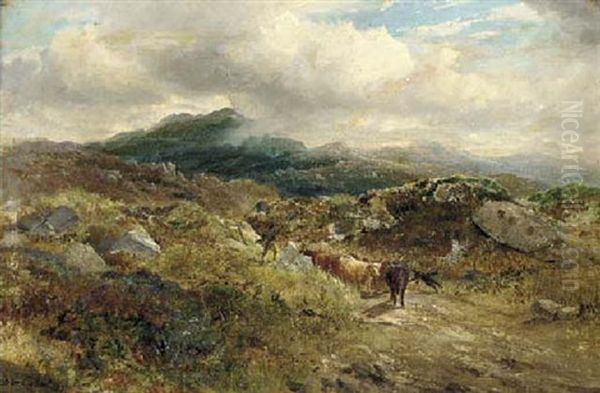 Droving Cattle Across The Scottish Moors Oil Painting by Samuel W. Calvert