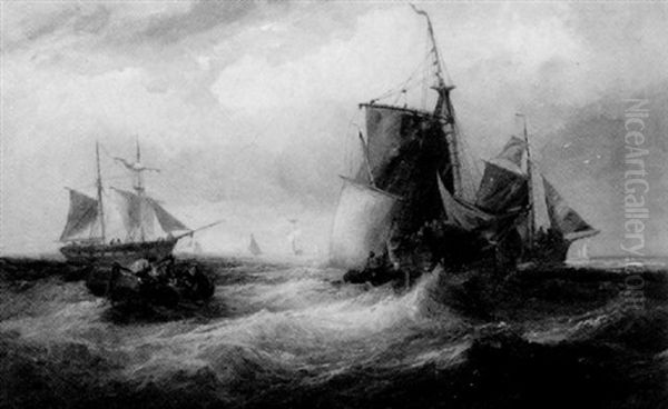 Fishing Boats And Other Vessels In A Choppy Sea Oil Painting by Samuel W. Calvert