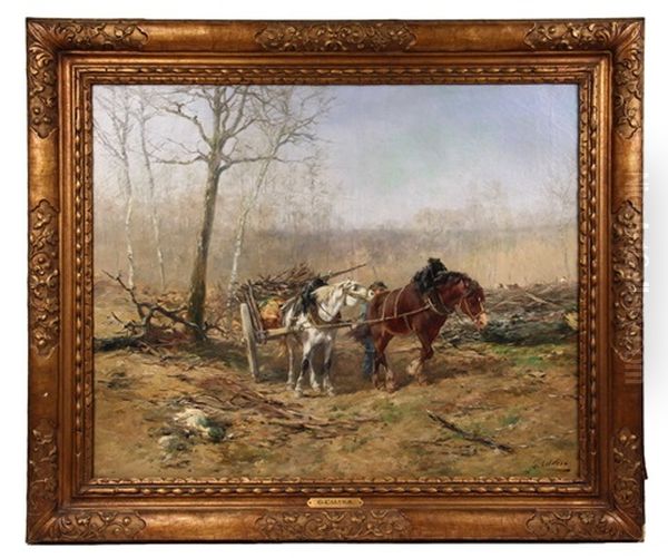 Clearing Land With A Dray Team Oil Painting by Leon Georges Calves