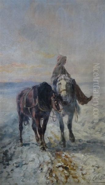 Chevauchee Hivernale Oil Painting by Leon Georges Calves