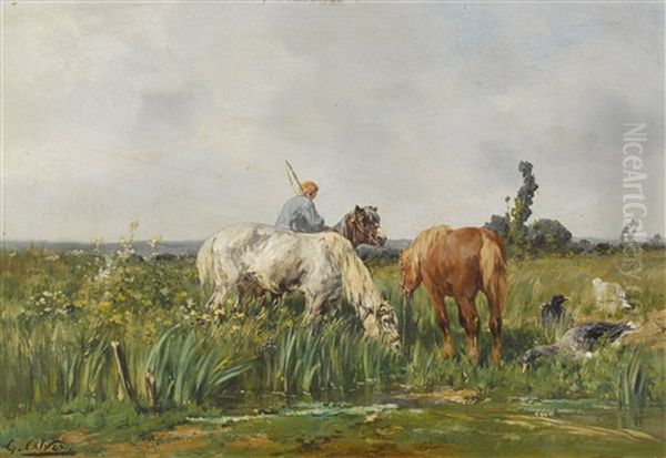 Paysan Abreuvant Ses Chevaux Oil Painting by Leon Georges Calves