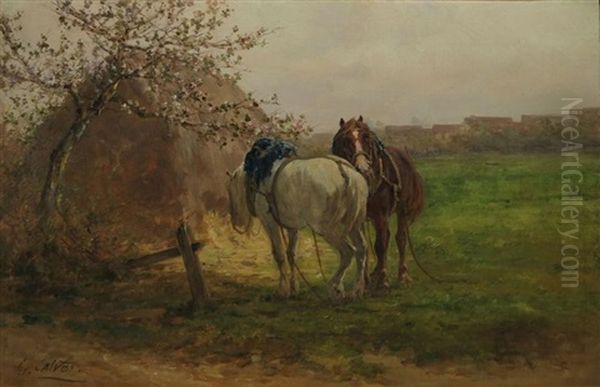 Chevaux Devant Une Meule De Foin Oil Painting by Leon Georges Calves