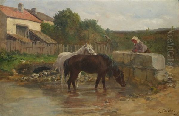 Chevaux A L'abreuvoir Oil Painting by Leon Georges Calves