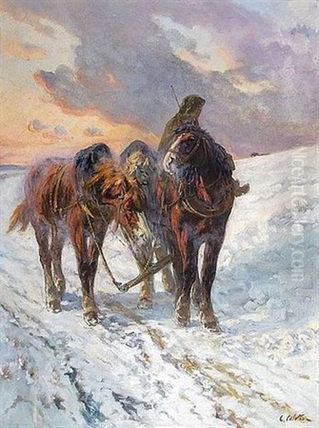 Attelage De Chevaux Dans La Neige (recto/verso) Oil Painting by Leon Georges Calves