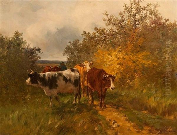 Les Vaches Dans Le Pre Oil Painting by Leon Georges Calves