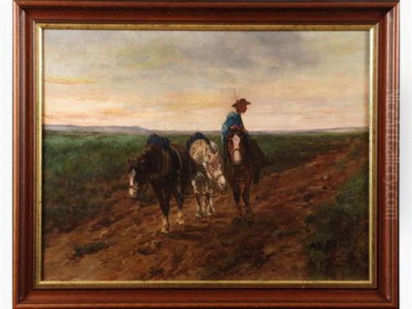 Paysan Avec Ses Chevaux De Retour Des Champs Au Crepuscule Oil Painting by Leon Georges Calves