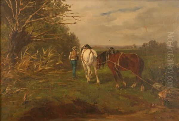 Attelage De Deux Chevaux Et Un Paysan Oil Painting by Leon Georges Calves