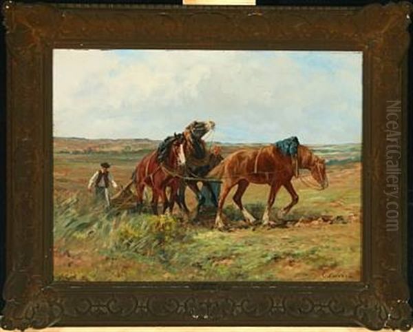 Plough Scene With Horses Oil Painting by Leon Georges Calves