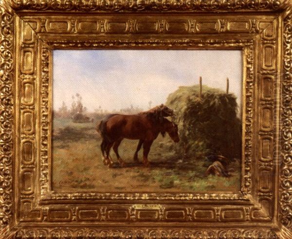 Chevaux Mangeant Du Foin Oil Painting by Leon Georges Calves