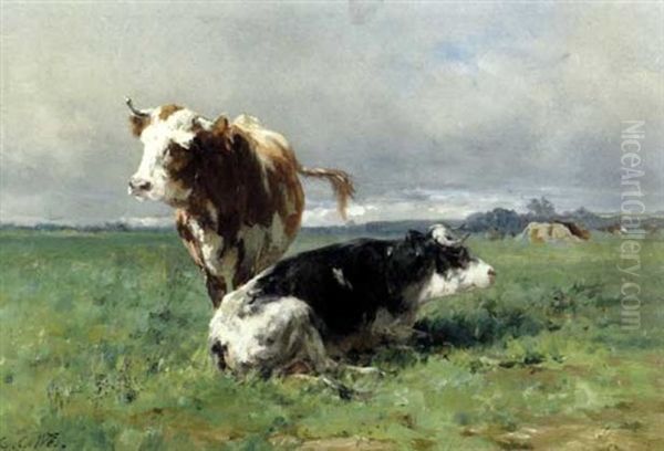 Deux Vaches Au Pre Oil Painting by Leon Georges Calves