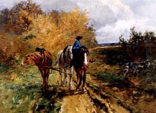 Farmer And Team On A Country Trail Oil Painting by Leon Georges Calves