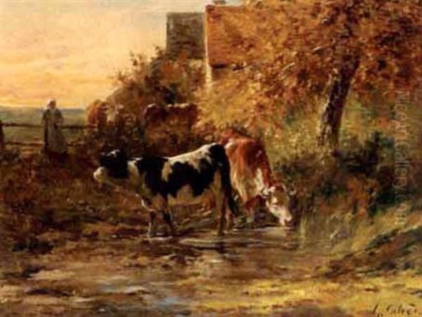 Woman Tending Cows In A Farmyard Oil Painting by Leon Georges Calves