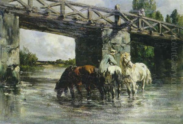 Chevaux A L'abreuvoir Oil Painting by Leon Georges Calves