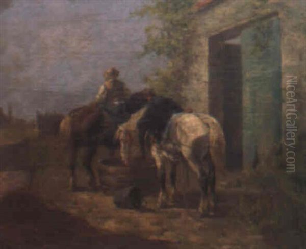 Campesino Con Caballos En El Establo Oil Painting by Leon Georges Calves