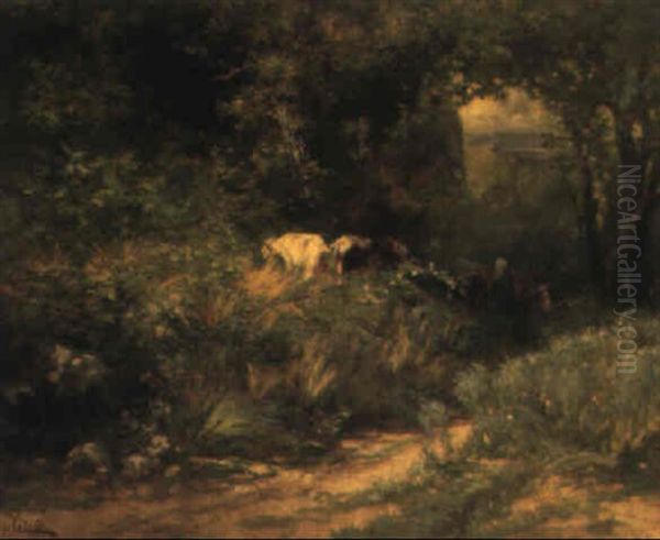 Waldlandschaft Mit Bauerinund Kuhherde Oil Painting by Leon Georges Calves