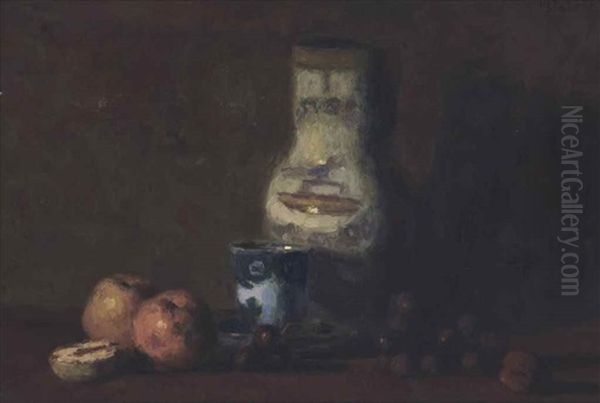 Apples, Red Grapes, A Tea Cup And Saucer And A Porcelain Vase On A Table Oil Painting by Henri Bernard Calvet